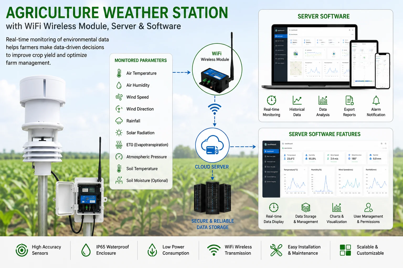 RS485 Multi-Parameter Compact Weather Station with LoRa/LoRaWAN 4G WIFI Wireless Module Server Software for Agriculture ET0