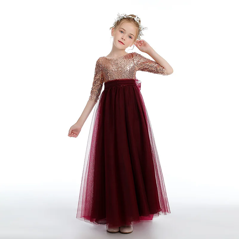 New Baby Girls Dress Sequin Princess Gown Piano Performance Dress Burgundy Elegant Toddler Host Dresses for Eids Kids Clothes