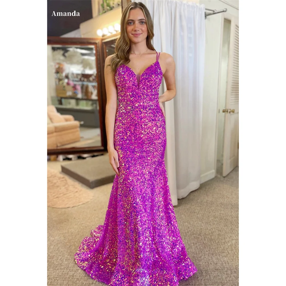 

Amanda Purple Shiny Sequins Formal Occasion Evening Mermaid Spaghetti Strap vestidos de fiesta V-neck Sleeveless Porm Dresses