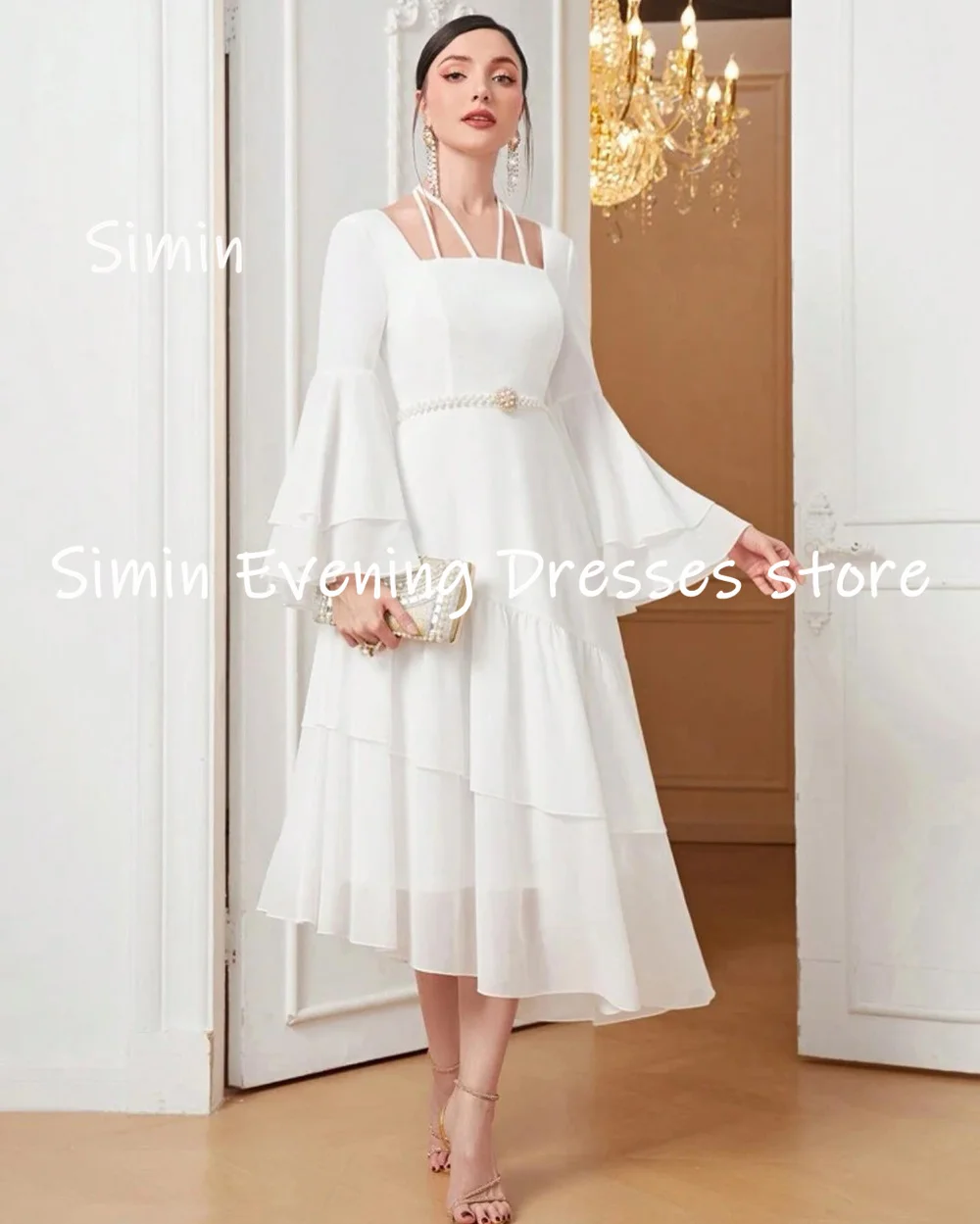 Simin-Robe de soirée en mousseline de soie pour femme, ligne A, col bateau, à volants, longueur de rinçage, élégante, 2023