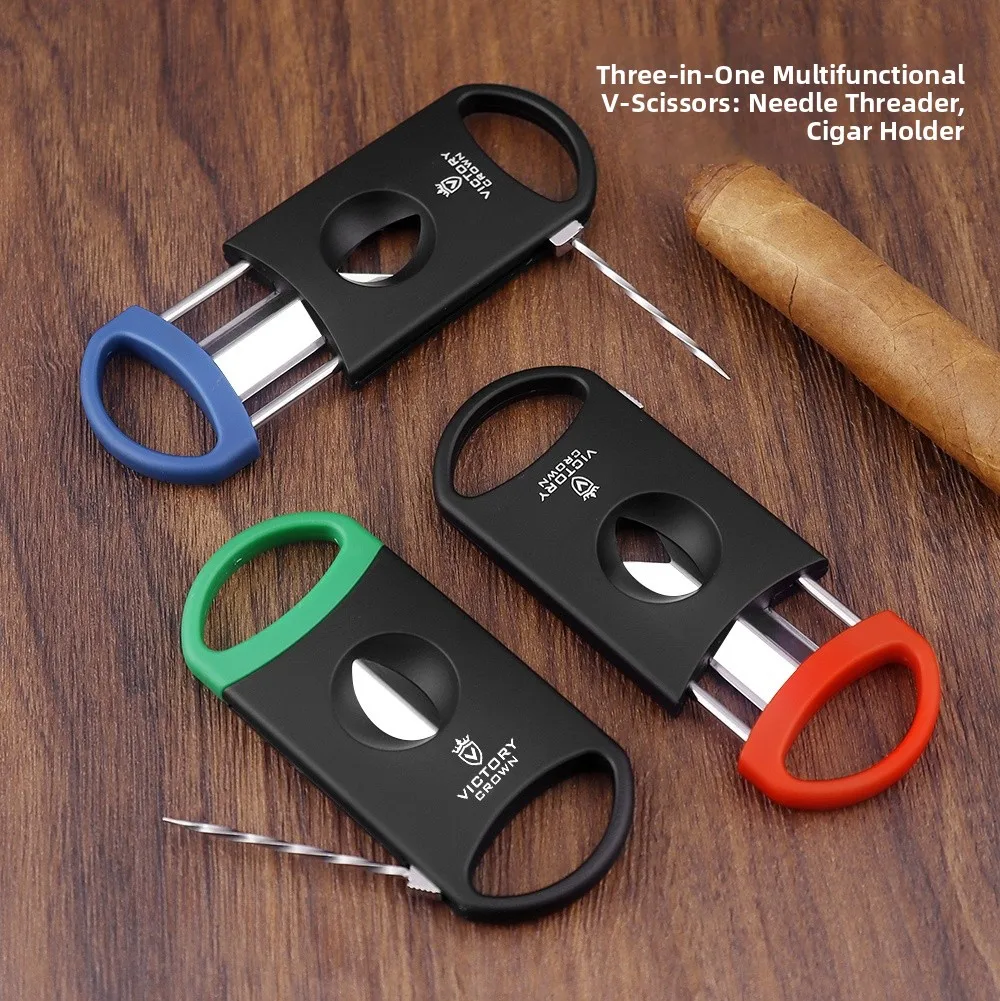 Portable Multi-Functional Cigar Scissors Three-In-One Sharp V-Type Cutting Tool Cigar Needle Holder Versatile Knife Cutter