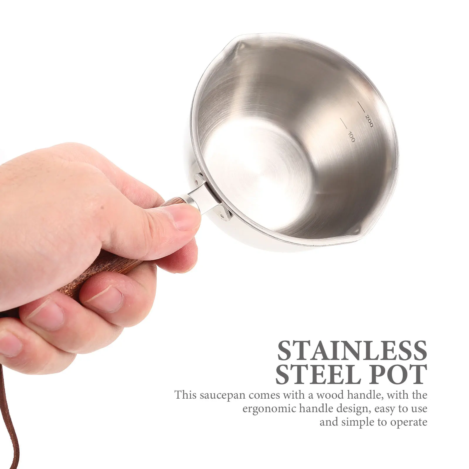 

Stainless Steel Saucepan With Wood Handle Multi-Use Milk Pot Oil Pouring Port Precise Scale For Gas Induction Cooker Small
