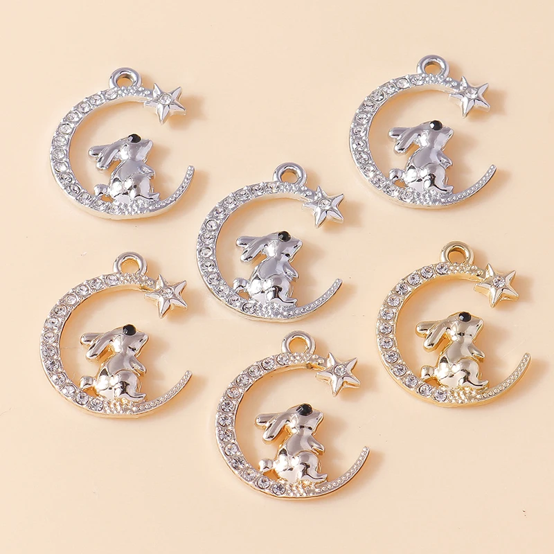 Leslie 10Pcs Exquisite Crystal Crescent Moon Rabbit Charm Pendant for Necklace Bracelet Earring Women Jewelry Accessories diy