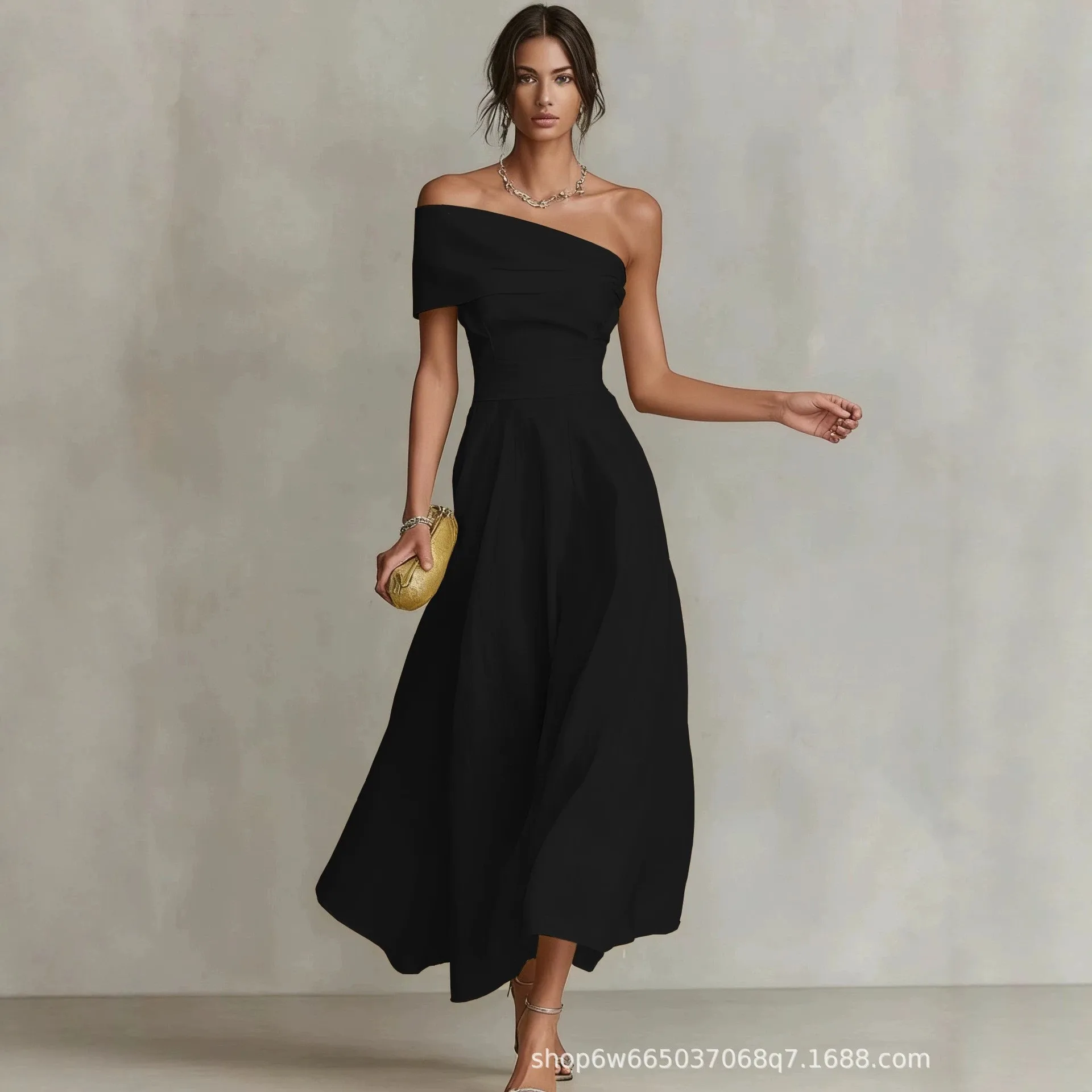 Women's Elegant Off Shoulder A Line Midi Dress for Wedding Guest Summer Party Prom – Solid Color Fitted Waist Cinched Midi