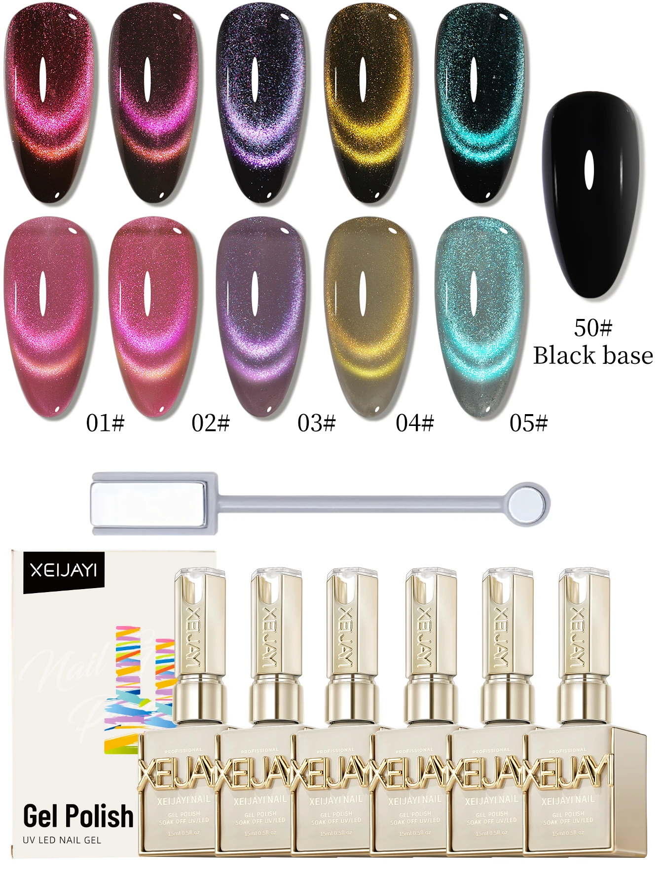 XEIJAYI 15ml 6pcs Cat Eye Gel Nail Polish Set, Sparkling Translucent Effect for Salon, 5 Colors Cat Eye with Black Color Quality