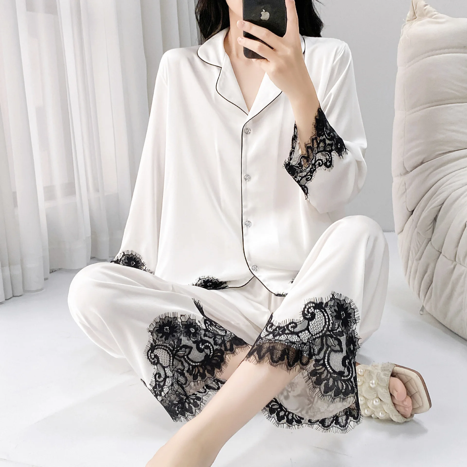 

Elegant Silk Satin 2Pcs Pajamas Set Women's Sleepwear Sexy Lace Long Sleeve Pijamas Suit Loungewear Loose Homewear