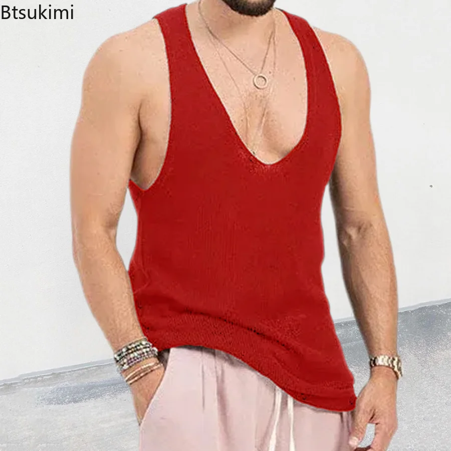 2024 Men\'s Summer Tank Top Loose Knit Sports Vest Solid Knit Sleeveless Men T-shirt Breathable Mesh Sports Top Gym Shirt Male