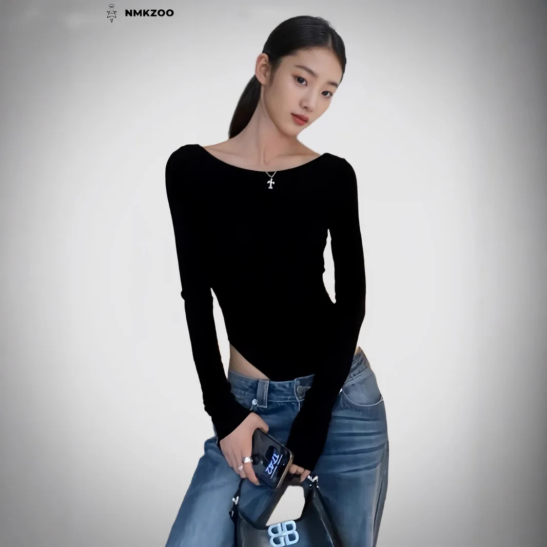 

Women's Backless Jumpsuit 2026 Spring Autumn Black Slim Fit T Shirt Style Cutout Cross Back Long Sleeve Off Shoulder Bodysuit