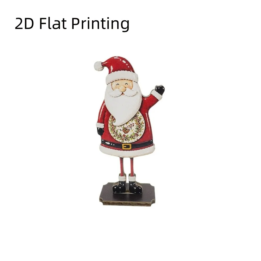 Wooden Santa Claus Tabletop Ornament Rustic Cartoon Holiday Reindeer Desktop Ornament Slot in Base 2D Flat Printing