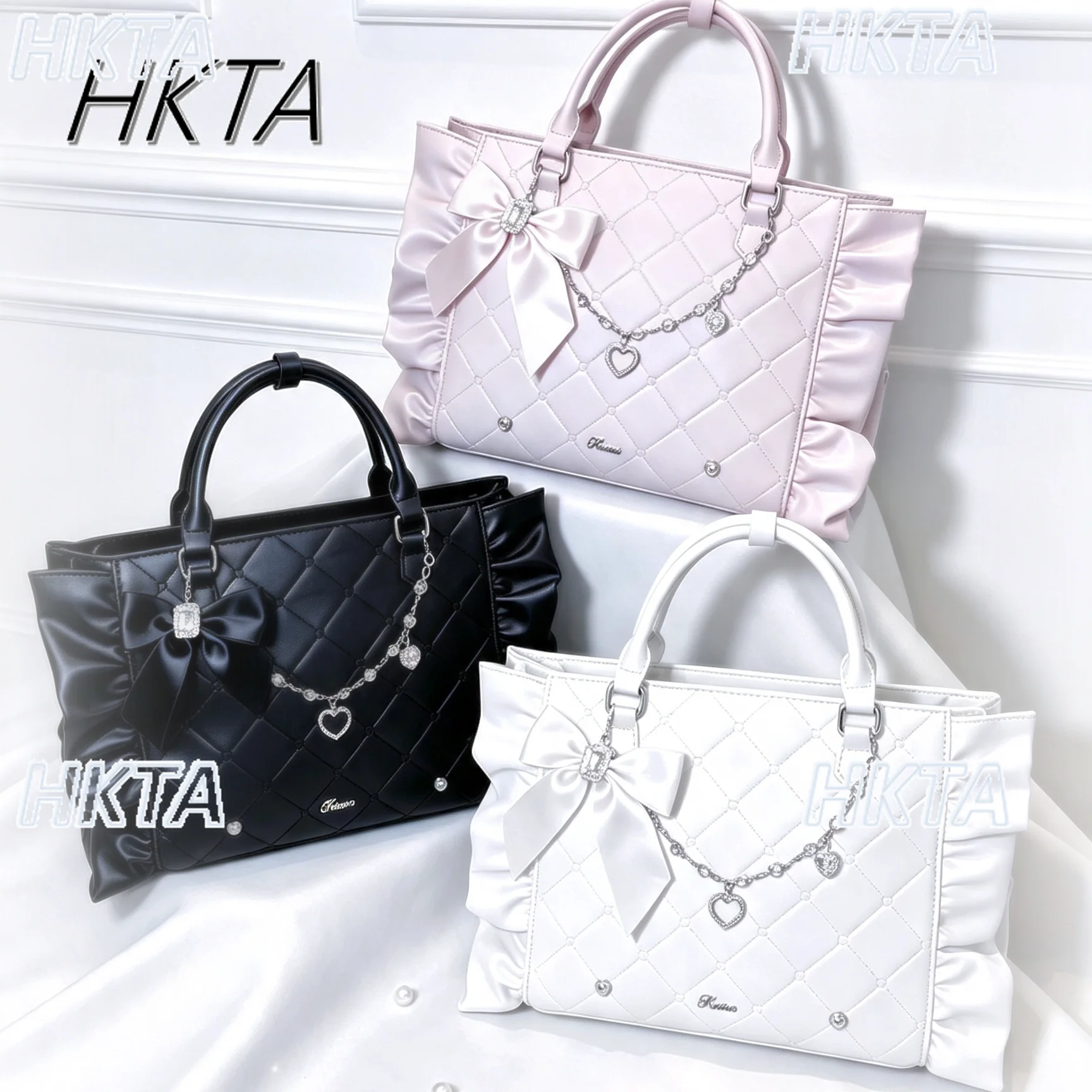 Japanese Sweet Kawaii Daily Casual Rhombus Bow Chain Pleated Pain Bag Autumn New Large Capacity Lolita Tote Messenger Bag Women