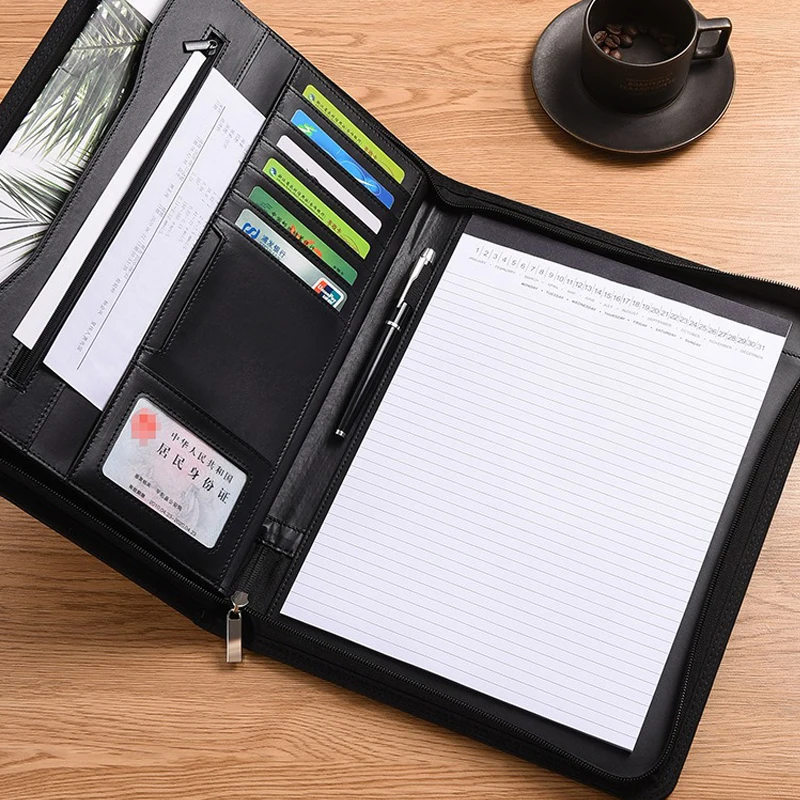 Black A4 Leather Multifunctional Conference Portfolio Folder Zippered Document Organizer Executive Briefcase for Office Use
