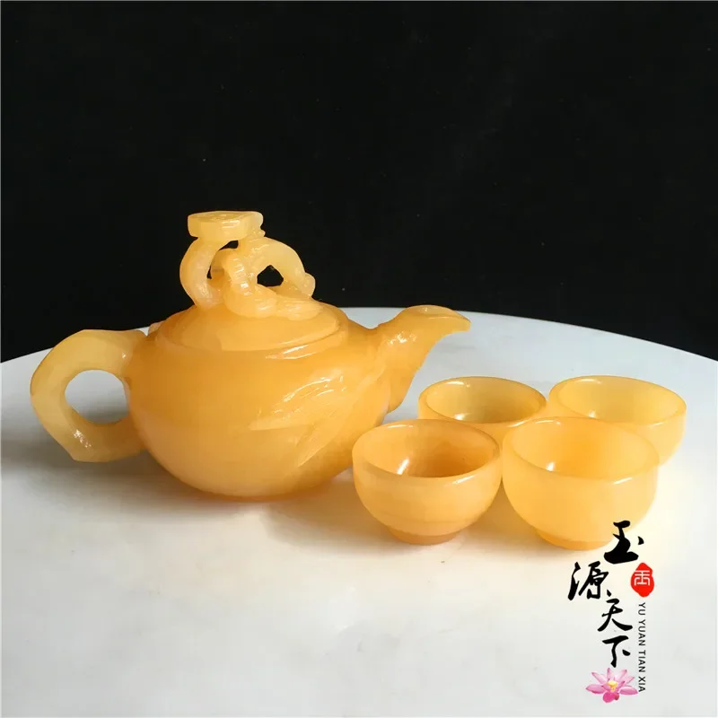 Natural jade gift ornaments beige jade tea set Ruyi hip flask teapot teacup jade business gifts