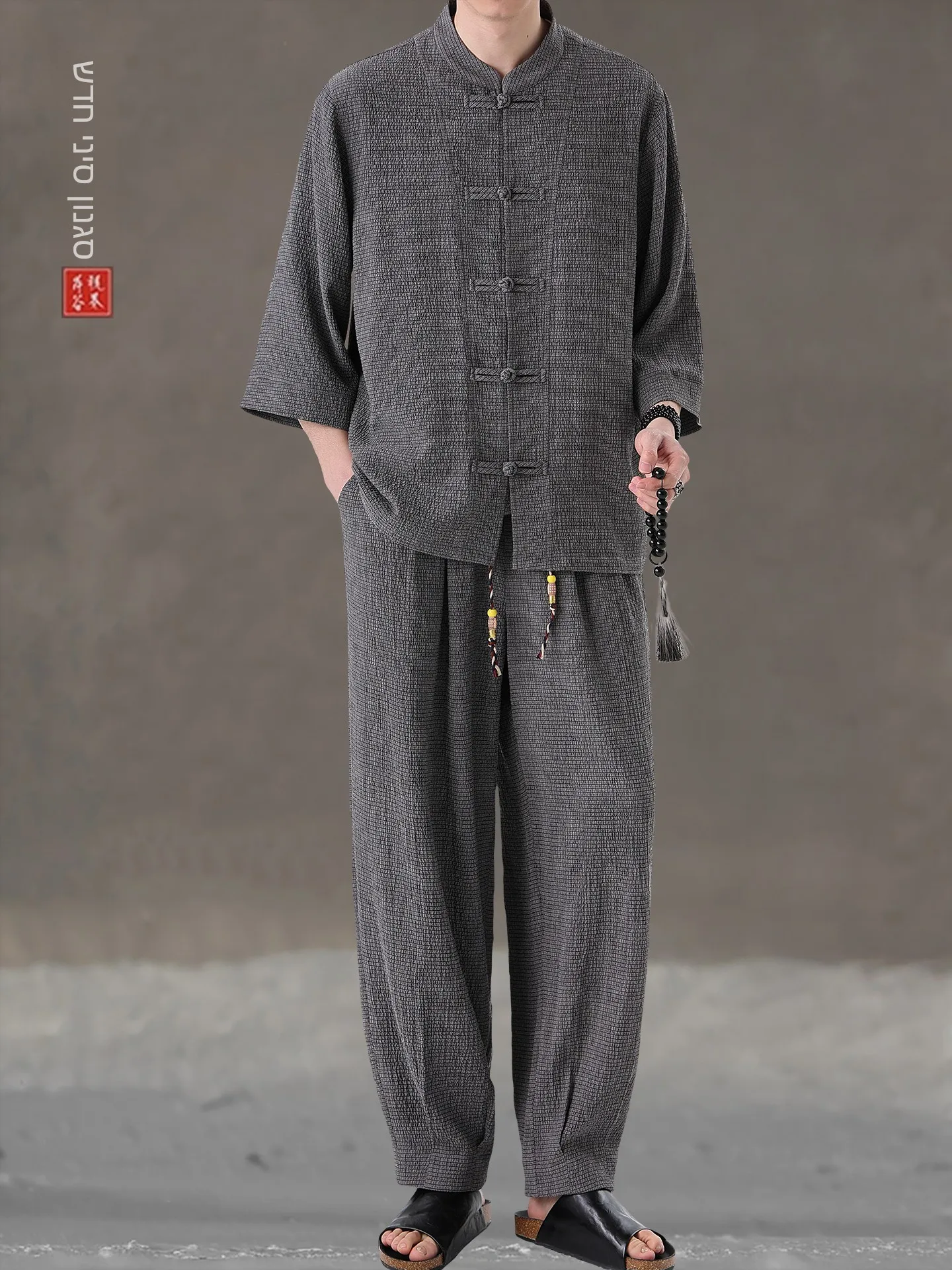 new-chinese-style-summer-thin-seven-sleeve-ice-silk-casual-set-loose-collar-zen-tea-loose-fit-t-shirt-and-pants-two-piece-set