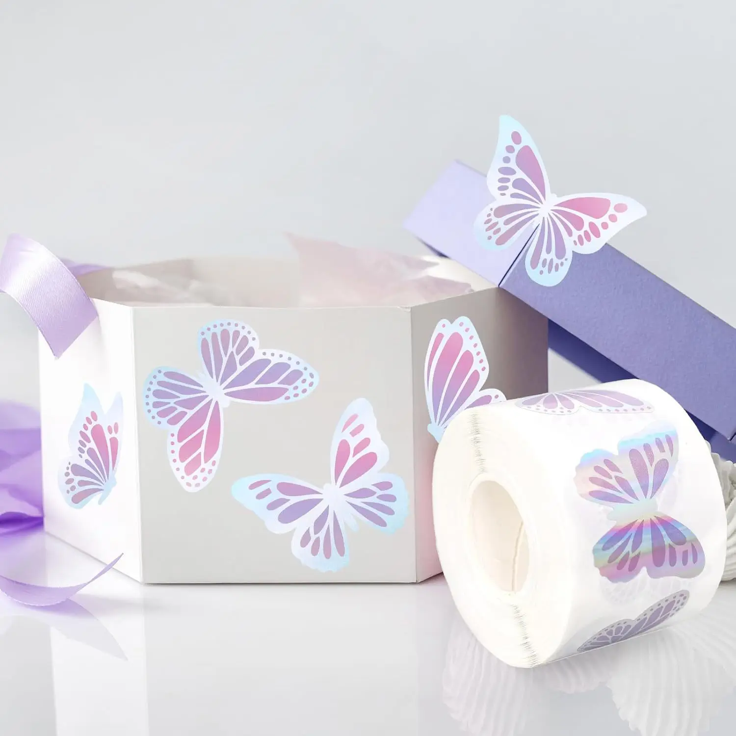 500Pcs 1in Purple Holographic Laser Butterfly Graffiti Stickers Irregular Cartoon Pattern Adhesive Stickers Labels Perfect for Holiday Decorations Gift Card Boxes Holiday Gift Decoration Stickers