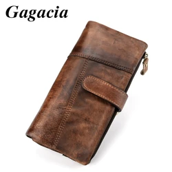 GAGACIA Vintage Ladies Cowhide Purse Oil Wax Long Multi-card Wallet For Male Genuine Leather  For Women Color The Wallet By Hand