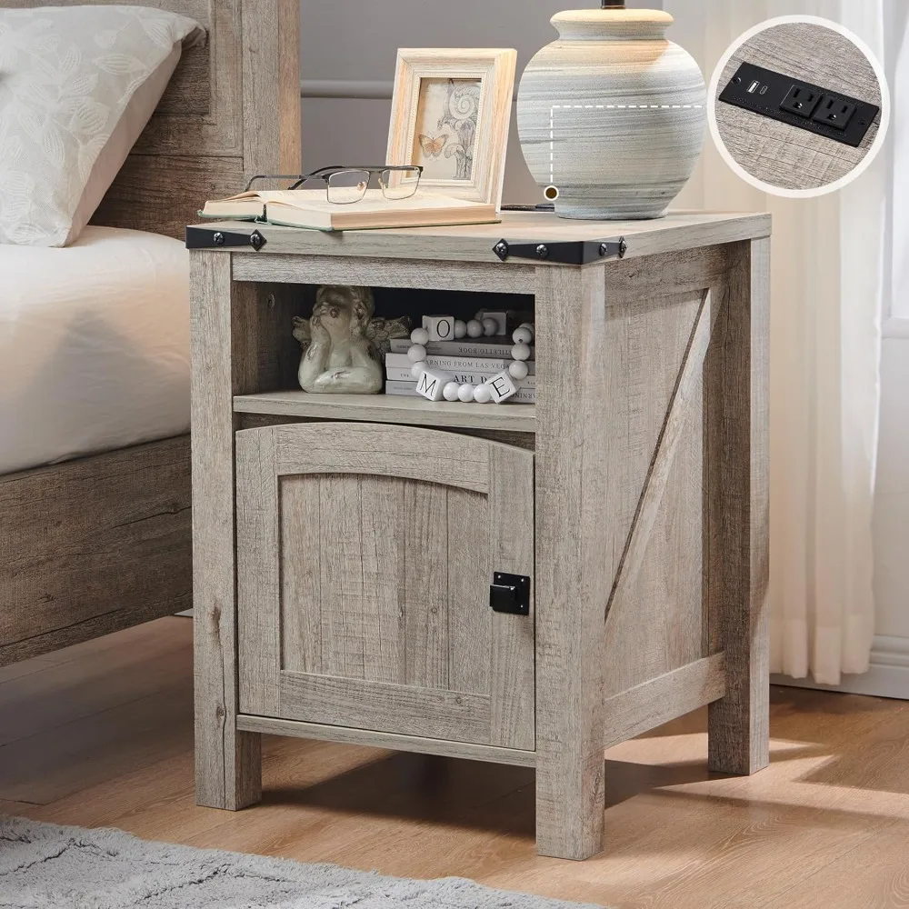 

Farmhouse End Table with Charging Station, 18" Rustic Nightstand with Adjustable Storage Shelf, Wood Rustic Wood Sofa Side Tabl