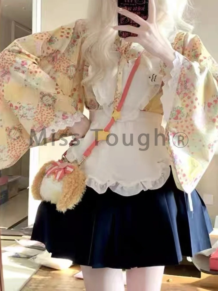 Winter Japanese Lolita Sweet 3 Piece Set Women Print Tops + Short Skirt + Cute Apron New Design Harajuku Kawaii Style Suit 2024