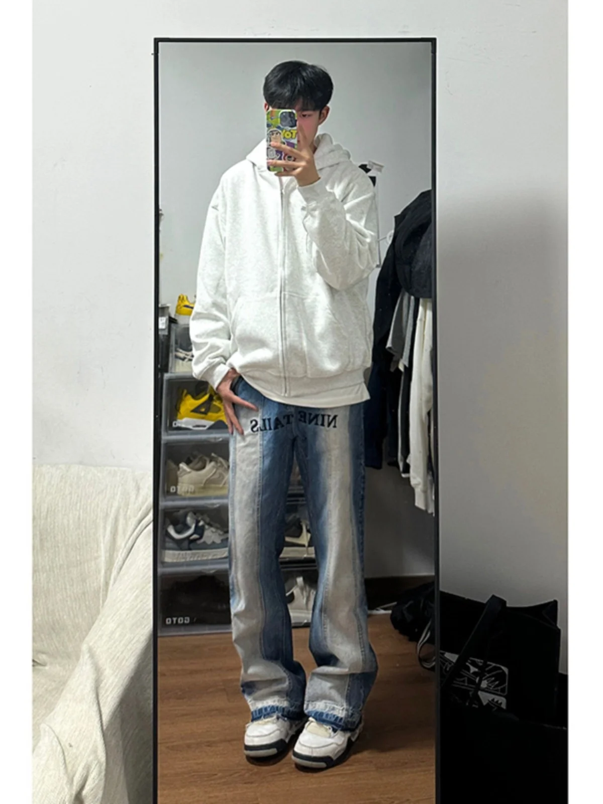 

Cement Blue adient Wide Leg Jeans Men's Micro Flared American Vibe High Street Trend Slim Straight Tube Pants