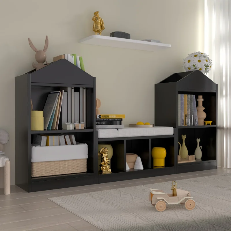 68.9"Cube bookshelf with reading angle, storage boxes, seat cushions and 7 storage cabinets