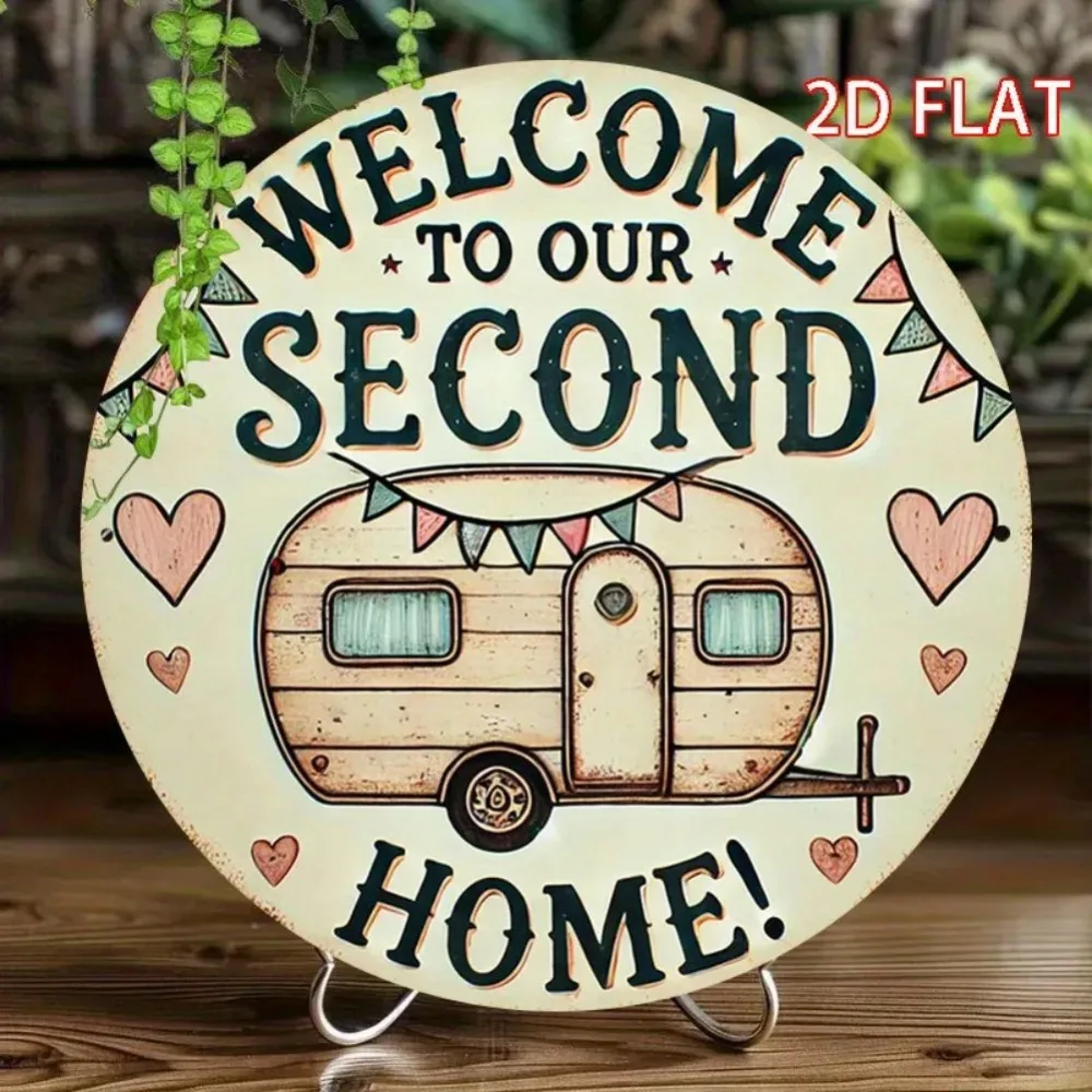 우리의 두 번째 집에 오신 것을 환영합니다! 캠퍼 일러스트레이션, 하트 및 깃발 디자인, 차고 벽 예술 |   빈티지 캠퍼 디자인 |