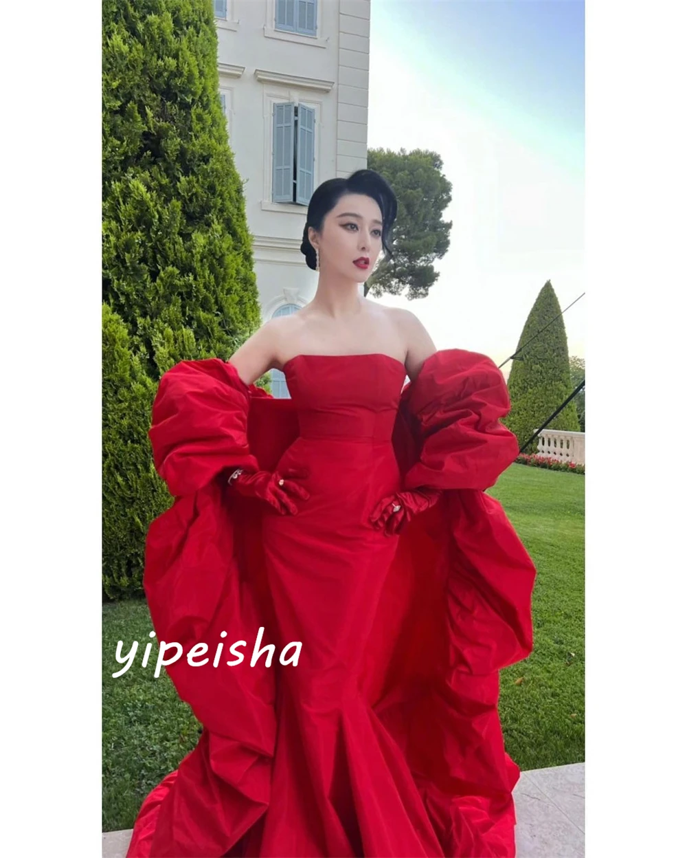 Customized Matching Exquisite Strapless Ball gown Celebrity Dresses Hugging Floor length Skirts Charmeuse Evening  فساتين سهره