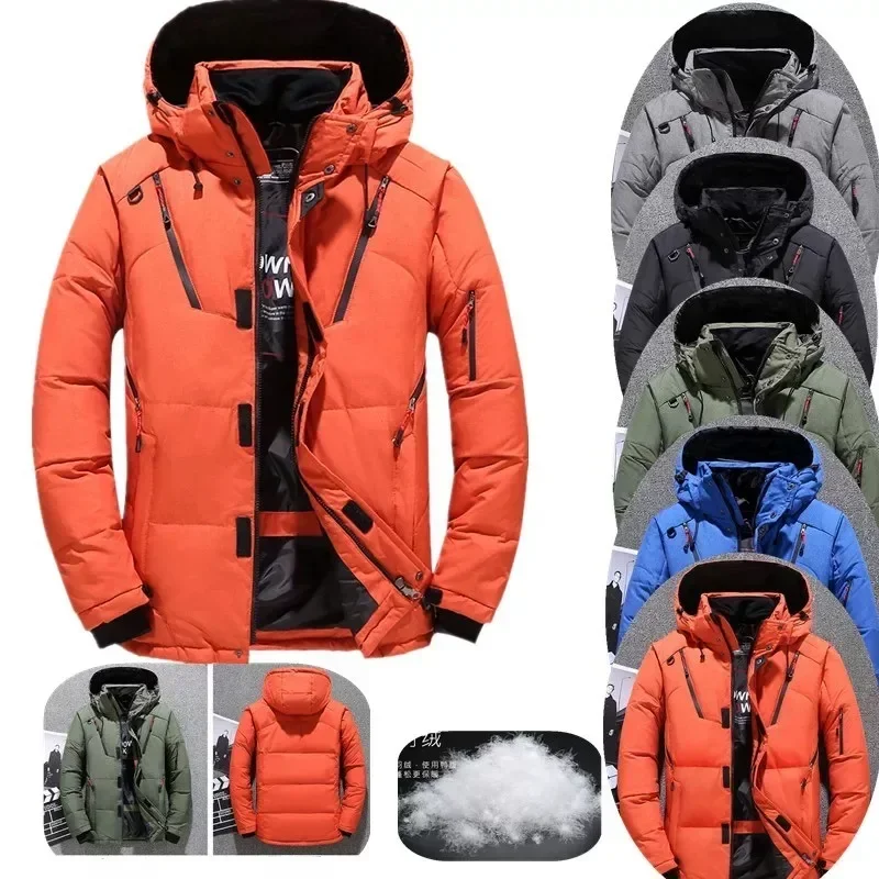 

Jacket Men White Duck Winter Coat Windproof Warm Parkas Travel Camping Overcoat New in Thicken Solid Color Hooded Clothing 5XL