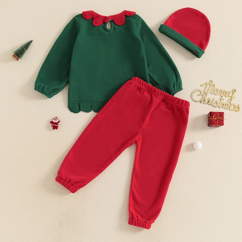 Kid Santa Claus Costume Set Fleece Long Sleeve Tops Elastic Waist Pants Hat Cosplay Costume for Christmas Halloween Party