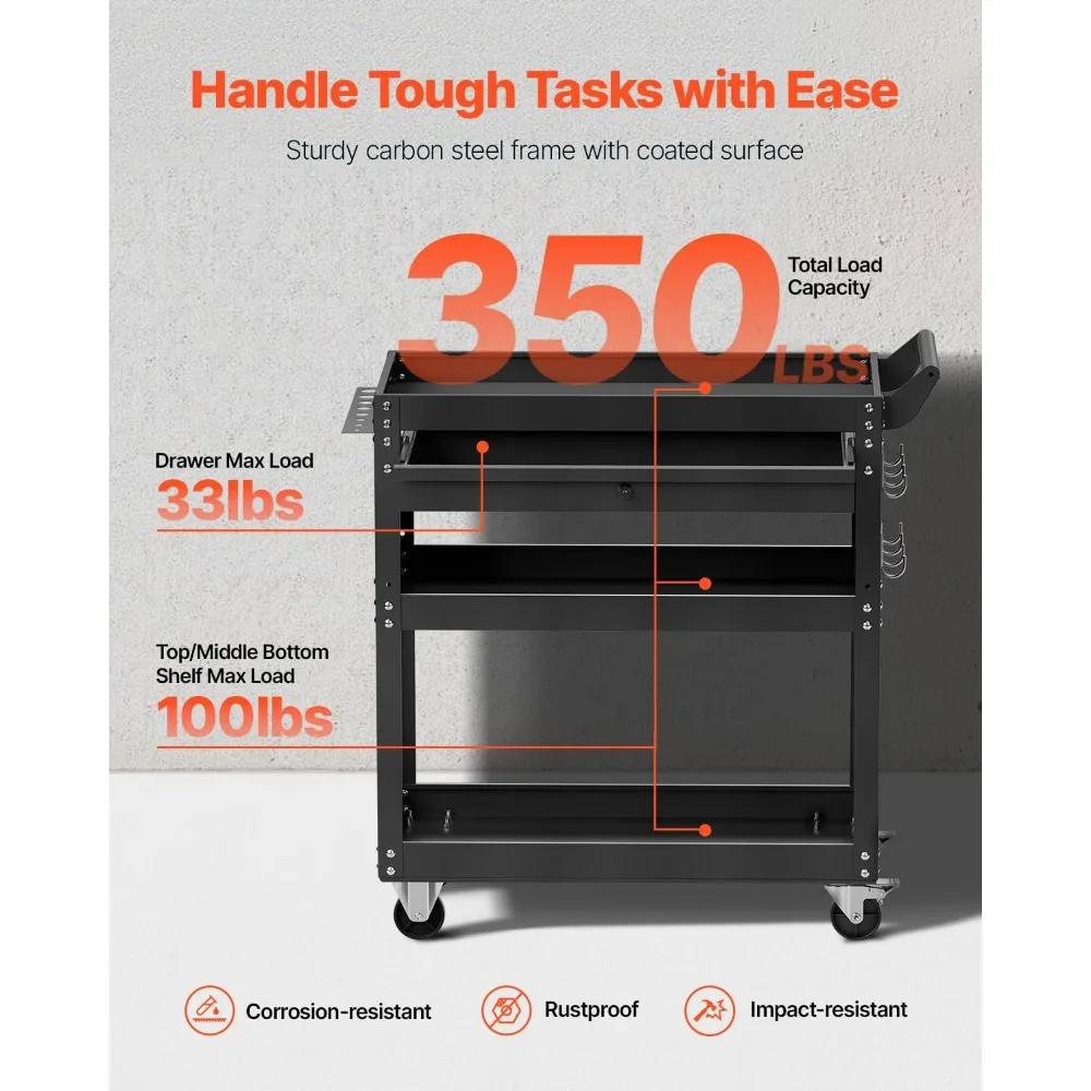 Rolling 4-Tier Mechanic Tool Storage Cart with Wheels, Drawer, and Pegboard, Holds up to 350 lbs