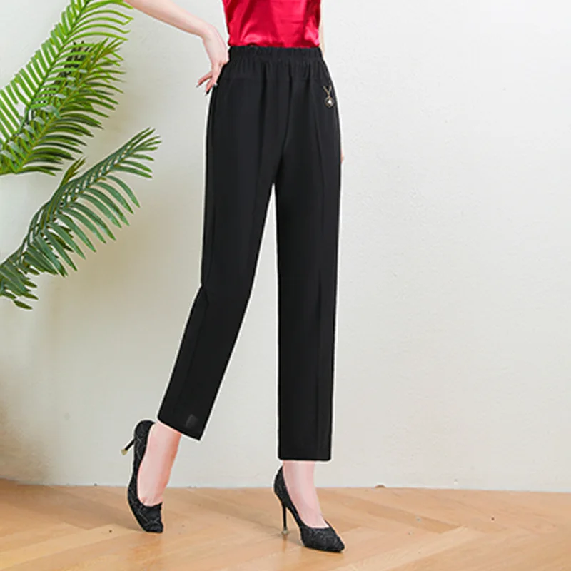 8XL Summer Thin Ice Silk Elastic Pants Solid Color High Waist Loose Casual Pants Middle aged Female Elastic Straight Leg Pants