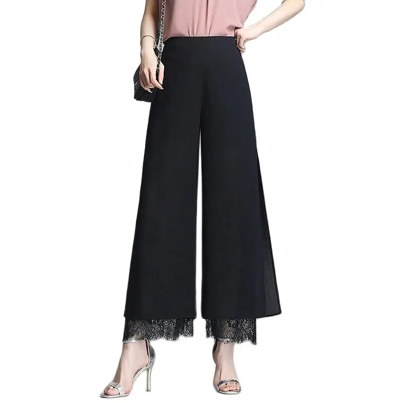 2023 Women Chiffon Wide Leg Pants Summer Korean Fashion High Waist Lace Split Ladies Trousers Casual Pantalones Mujer Clothing