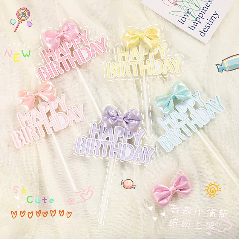 Cake Topper Flag bow-knot Happy Birthday Wedding Decoration Cupcake Toppers Baking Kids Party Baby Shower Cake Decor DIY New