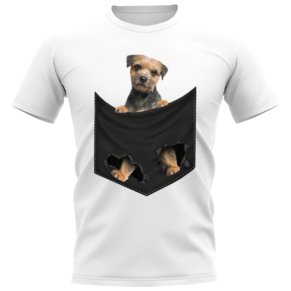 HX Funny T-Shirts 3D Graphic Animals Dog Border Terrier In Pocket Printed Tees Polyester Casual Pullovers Hip Hop Tops