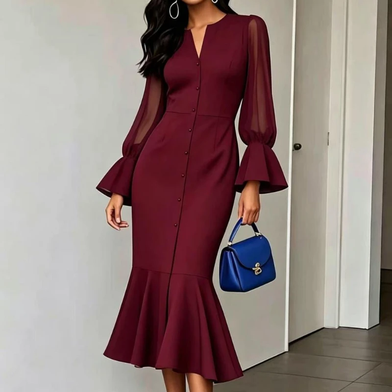 Women's Autumn Elegant See Through Long Sleeved Maxi Dress Sexy V-neck Solid Button Evening Party Ruffle Slim Dresses Ladies