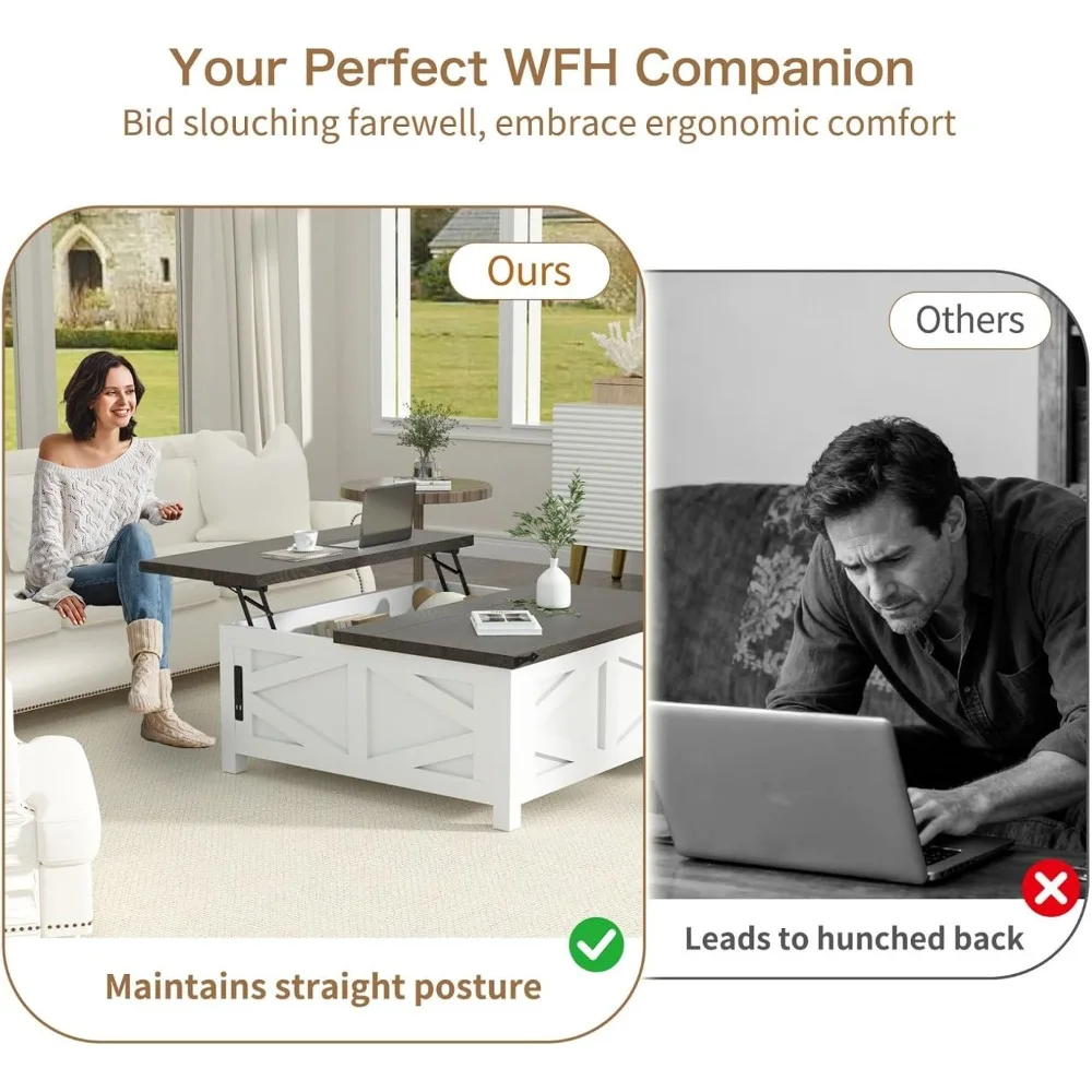 طاولة قهوة قابلة للرفع مع منافذ وشحن USB، وطاولة مركزية حديثة للمزرعة مع مساحة تخزين مخفية للشقة وغرفة المعيشة،