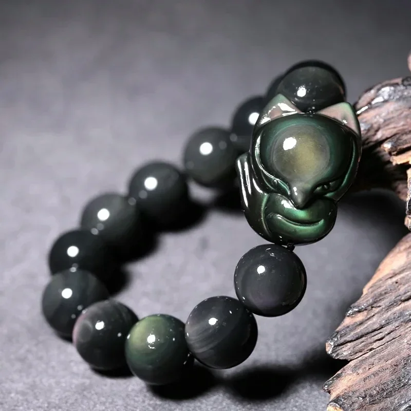 Natural obsidian Fox Bracelet Men Women healing gemstone fine jewelry genuine Rainbow black obsidian Celestial Eye Fox bracelets