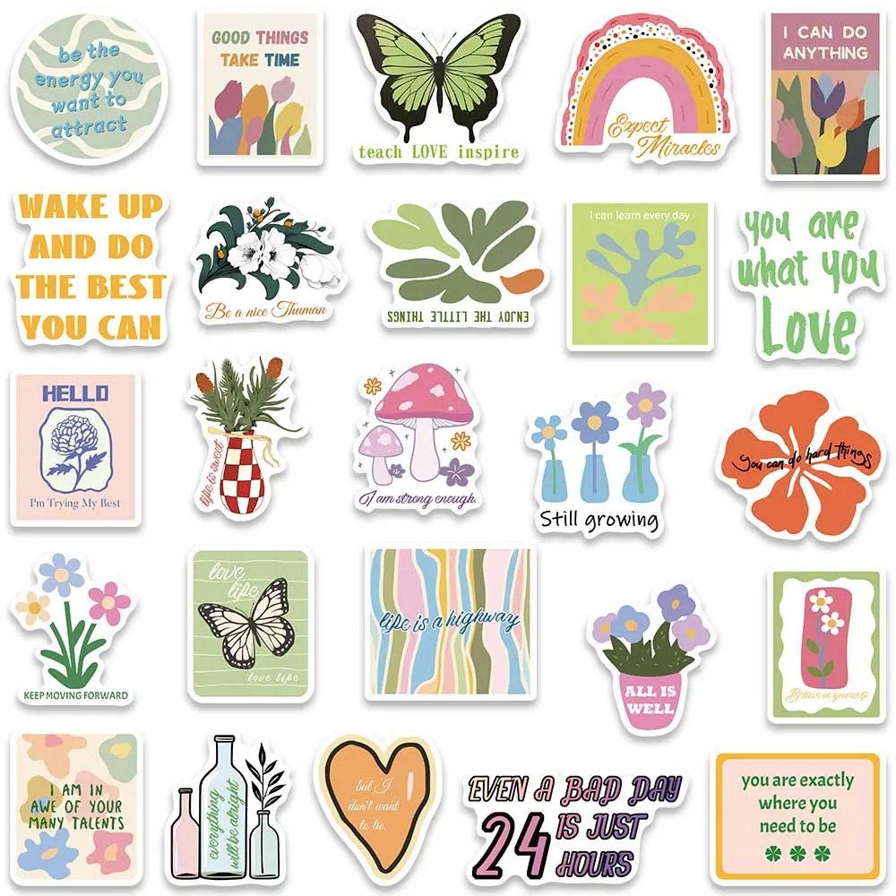 50pcs Cute Cartoon Fresh Danish Pastel Motivational Phrases Stickers Vinyl Laptop Decals Guitar Luggage Phone Diary Graffiti