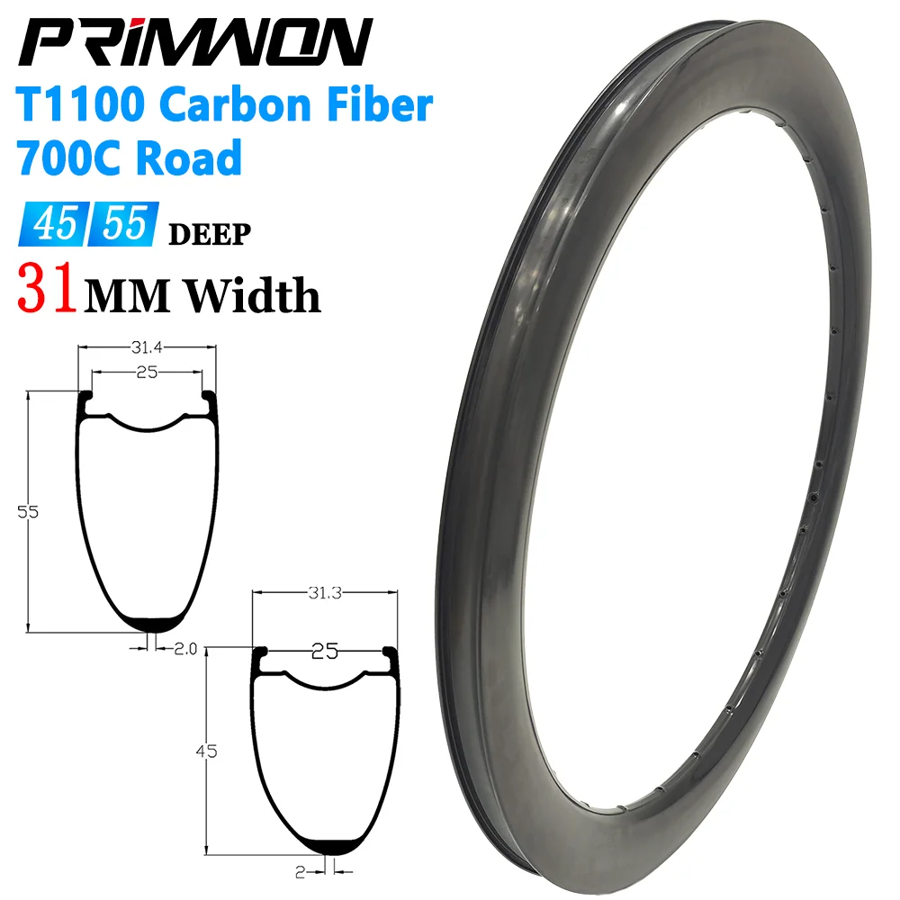 

T1100 700C Carbon Rim UltraLight Gravel 31mm Outer Width 25mm Inner Width 45mm 55mm Deep Hook Asymmetry Tubeless Disc 24Holes