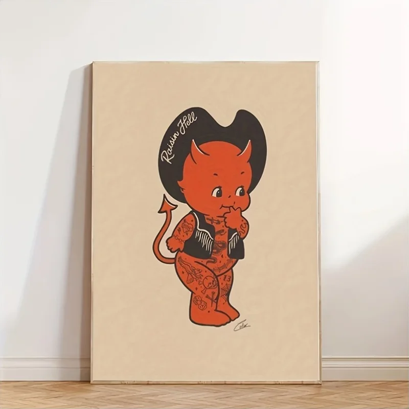 Kewpie Devil Canvas Art Print - Playful Red Cartoon Character with Horns & Tail, 