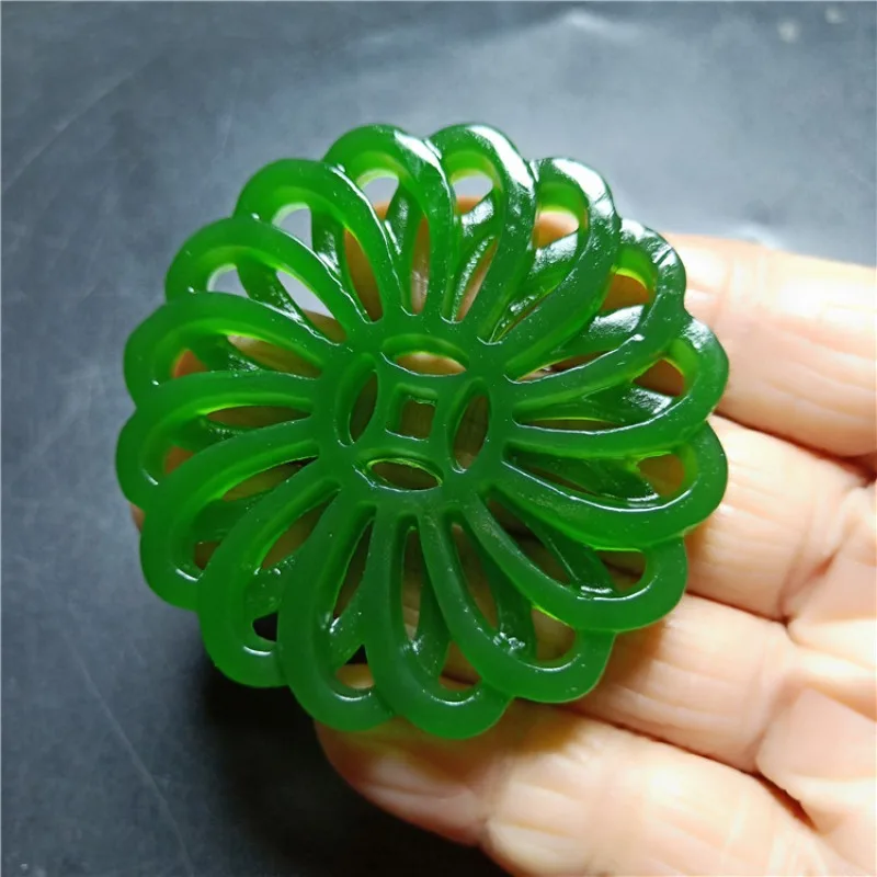 

Natural Green Hand Carved Double Side Hollowed Out Lotus Jade Pendant Jewelry Necklace Women's Sunflower Flower Flower in Bloom