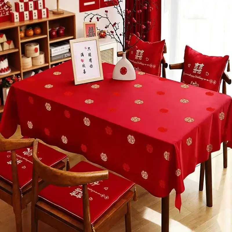 Red Tablecloth Chinese Style Festive Wedding Rectangular Coffee Table Tablecloth Wedding Room Decoration Happy Word Tablecloth