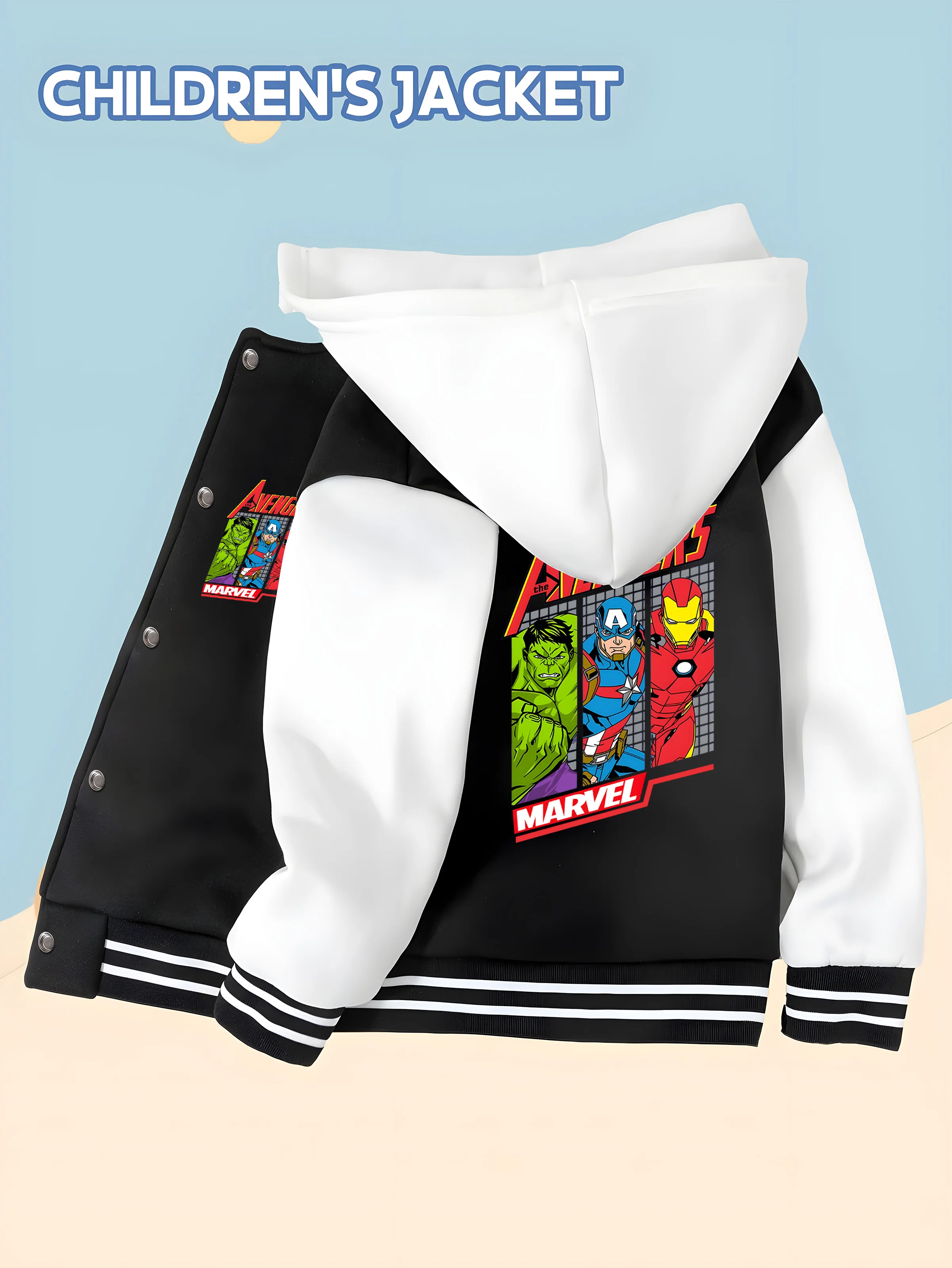 

MINISO Baseball hooded Jacket - Double-sided Avengers pattern design, soft and comfortable fabric, fashionable and warm