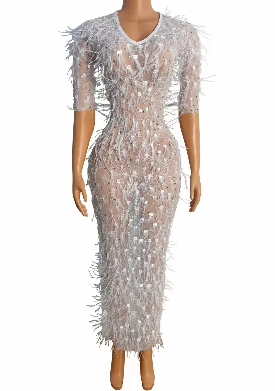 Vestido ajustado de lentejuelas de encaje elástico alto de plumas de manga corta personalizado, vestido Sexy para fiesta de cumpleaños, vestido de rendimiento