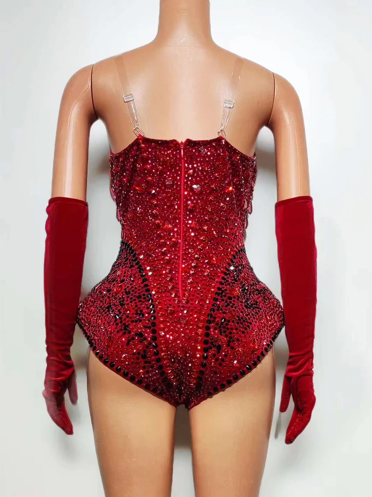 Luxury Shining Red Ctystals Women Dance Jumpsuit Sexy Show Party Club Bodysuit With Gloves Drag Queen Sing Stage Performance