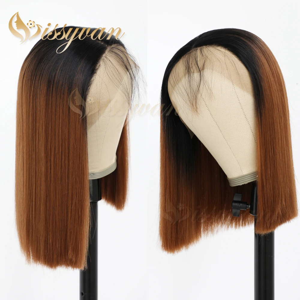 Missyvan Brown Ombre Color Short Bob Hair with Babyhair Synthetic Lace Front Wigs for Black Women