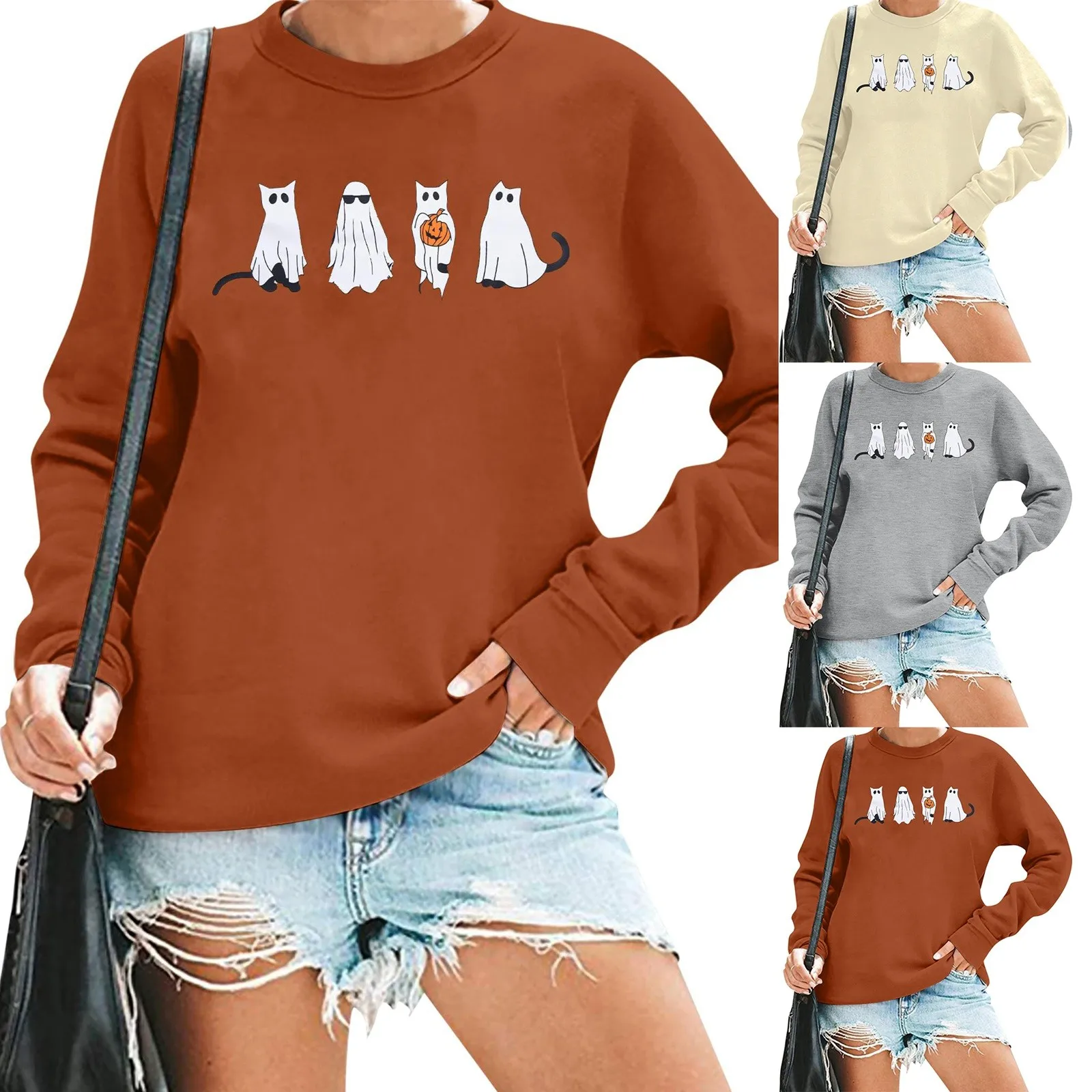 

2024 Women's Halloween Christmas Cat Sweatshirt Funny Cat Graphic Long Sleeve O-Neck Pullovers Casual Loose Women Sweatshirts