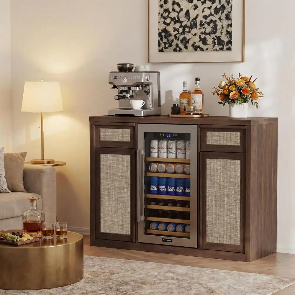 

Mini Ridge Space Coffee Bar Cabinet with Adjustable Shelves, Wine Storage, Solid Wood Handles, and Wine Glass Holder