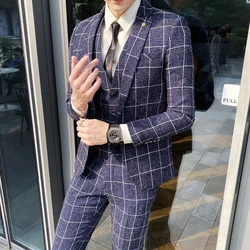 2023 Fashion New Men's Leisure Boutique Business Plaid Slim Suit 3 Pcs Set / Male Linen Striped Dress Blazers Jacket Pants Vest