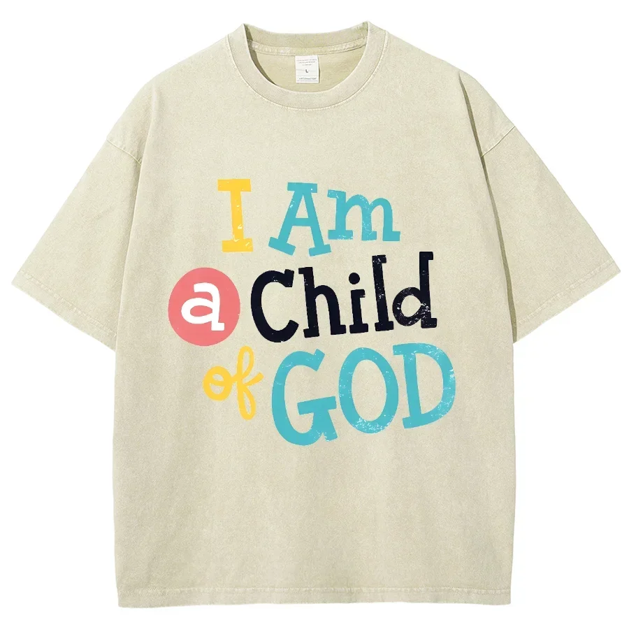 

I Am The Child Of God Y2K Washed Short Sleeves Tshirt, Creative Casual Unisex Oversized Vintage Streetwear New Fashion Plus-Size
