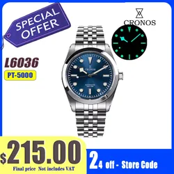 Cronos New Mechanical Men Watches 36mm Automatic PT5000 SW200 Snowf Hands Sapphire Glass SST Bracelet BGW-9 C3 Lume 10ATM L6036