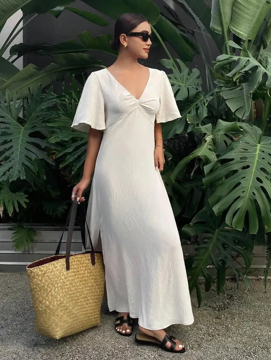 

Womens White Puff Sleeve V-Neck Twist Front Maxi Dress Summer Casual Elegant